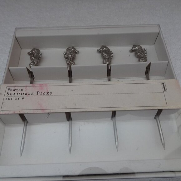 Set of 4 Pewter Party Picks Skewers Seahorse Snack Appetizer Hor D Oeuvre Cheese - Picture 5 of 9